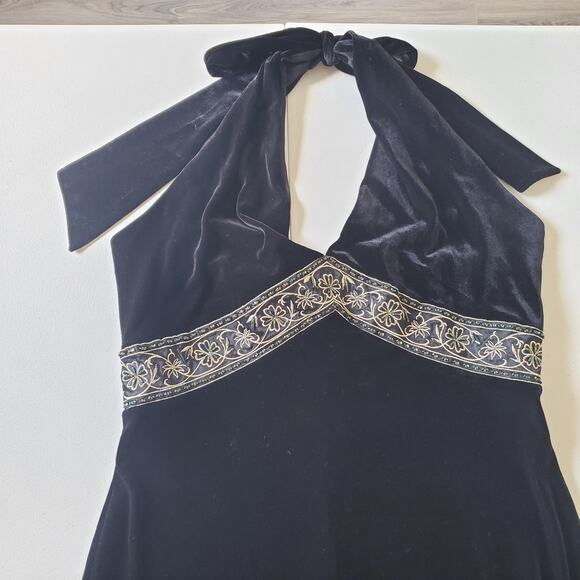 Y2K Whimsigoth Witch Dress Women 14 Velvet Halter Maxi Beaded Floral Formal Gown - Picture 1 of 13